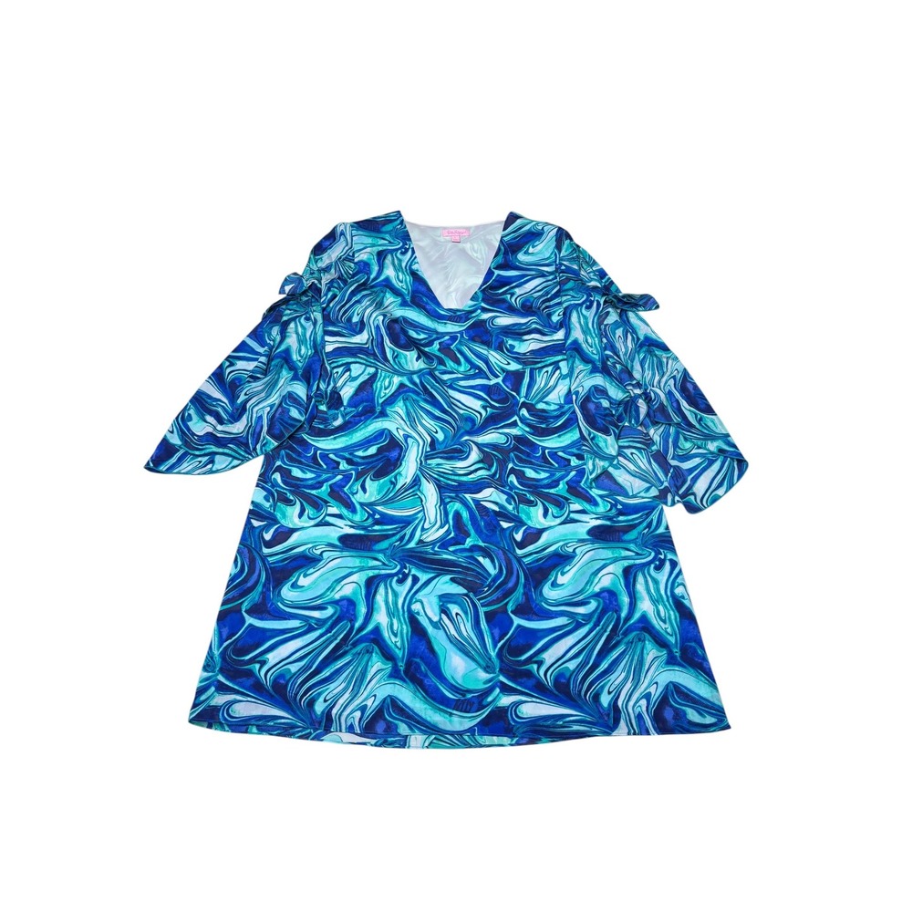 Lilly Pulitzer Blue Marble Silk Blend V-Neck Tie Sleeve Shift Dress Womens Large